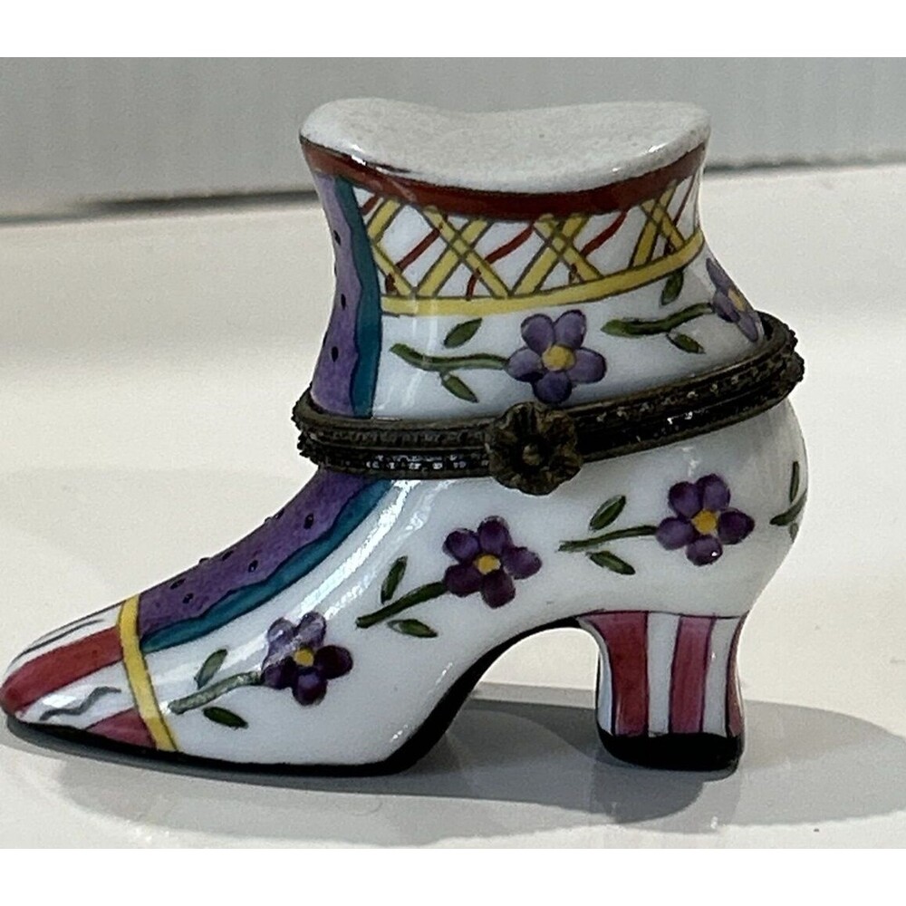Porcelain Hinged Trinket Box Fancy Painted Floral Vintage Style Shoe